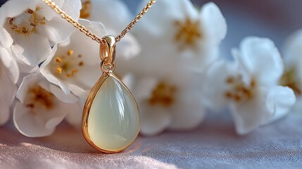 Elegant Gold Pendant with Light Green Stone and Blooming Flowers