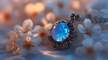 Elegant Opal Pendant Surrounded by Delicate Cherry Blossom Floral