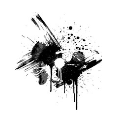 Abstract black ink splatters and brushstrokes creating a dynamic design on white.