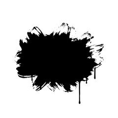 Black ink blot with drips and brush strokes on a white background, creating an abstract shape.