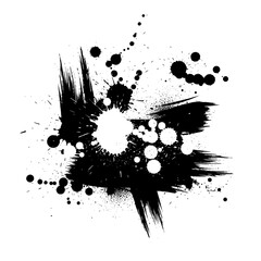 Abstract black and white ink splatter design with brush strokes and splatters.