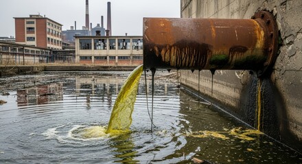 Industrial Wastewater Pouring From Rusty Pipe Into Polluted Water Body With Factory Background