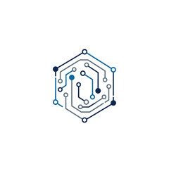 Abstract illustration of a circuit board arranged in a hexagonal shape.