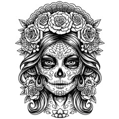 Intricate black and white illustration of a woman with a sugar skull face and a floral crown.