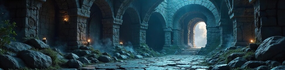 Fototapeta premium Ancient Mystical Stone Castle Bathed in Moonlight A Hidden Path to Forgotten Magic