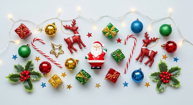 A festive arrangement of Christmas ornaments and lights, including Santa Claus, reindeer, candy canes, and holly.