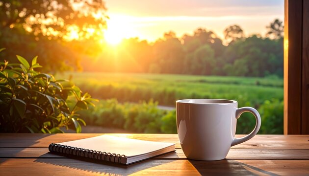 Serene morning scene Coffee cup, journal, and sunrise view