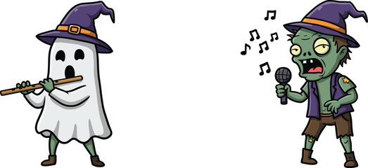 Cartoon ghost playing flute with witch hat and zombie singing with microphone, fun spooky Halloween music illustration for kids seasonal design