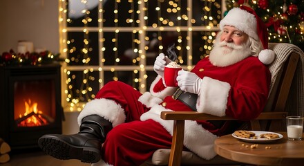Santa Claus relaxing in a chair by a fireplace with a mug of hot chocolate and a plate of cookies.