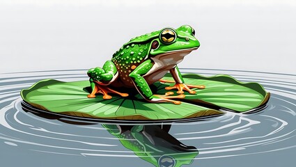 Adorable Green Frog Resting on a Floating Lily Pad with Gentle Ripples in the Water