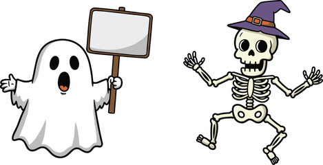 Cartoon Halloween ghost holding blank sign, skeleton in purple witch hat dancing playful pose, spooky festive monster illustration, humorous holiday design