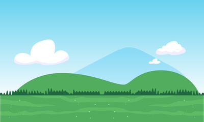 Obraz premium Serene Minimalist Landscape Illustration Featuring Rolling Green Hills and Distant Blue Mountains