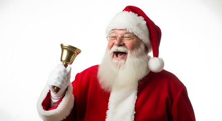 A jolly Santa Claus in his iconic red suit and hat, ringing a golden bell with a white gloved hand, his mouth open in laughter against a white background.