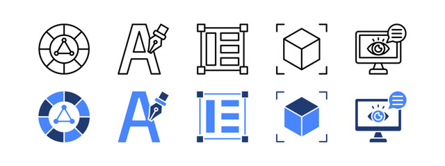 Graphic design icon set with Color theory,Typography,Shape,Layout design,Visual communication.