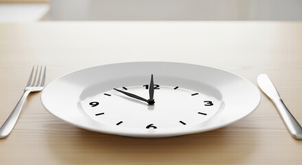 White Plate With Clock Face And Silver Fork And Knife On A Wooden Table