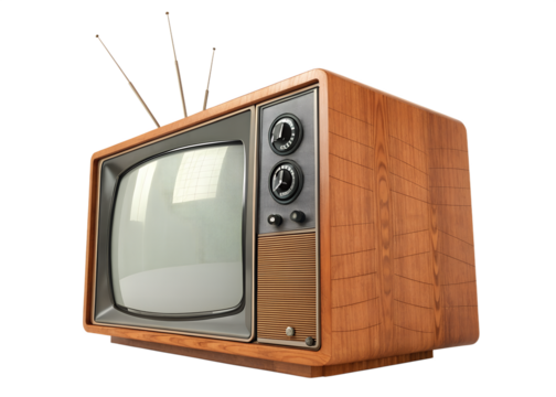 Retro wooden television set with antennas and a white screen isolated on transparent background