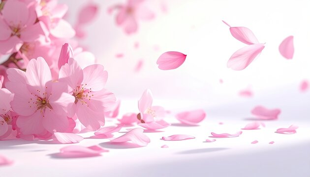Delicate pink cherry blossoms gently falling with soft sunlight creating a serene and airy atmosphere perfect for spring themes