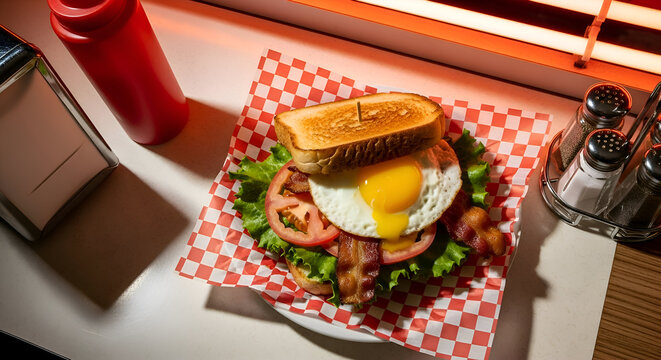Delicious and appetizing breakfast BLT sandwich with a fried egg in a diner setting