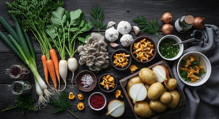 Abundant autumn healthy food harvest: fresh organic vegetables, wild mushrooms, and spices artfully arranged on a dark wooden table, perfect for rustic cooking.