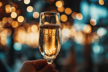 Toast to Success: Sparkling champagne in hand, celebrating milestone moments against a festive bokeh backdrop, perfect for New Year's and luxury events