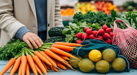 Person's hand touching fresh autumn healthy food: vibrant organic carrots, radishes, kale, and lemons arranged on a rustic table, highlighting farm-to-table shopping and sustainable eating.