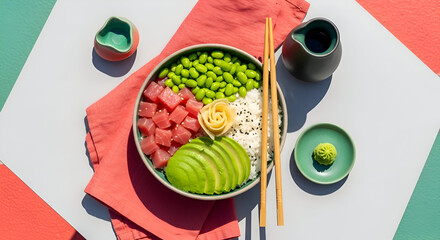 Delicious and healthy poke bowl with tuna, avocado, edamame and rice presented elegantly
