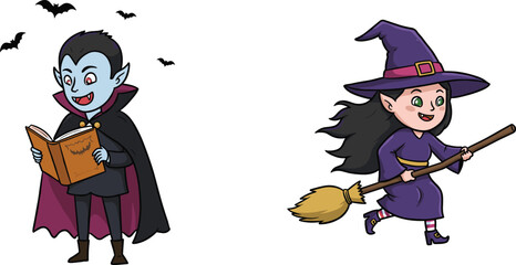 Cartoon Halloween vampire reading magic book with bats, cheerful witch flying broomstick, playful spooky festive illustration, colorful holiday monster design