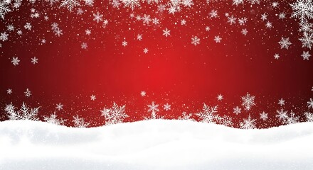 Festive red background with falling snowflakes and a snowy foreground creating a magical winter wonderland scene perfect for christmas and holiday celebrations