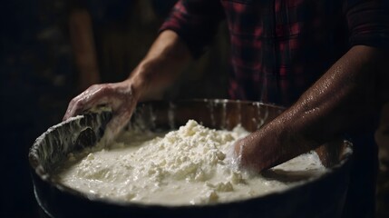 Fototapeta premium Artisan s hands process fresh cheese curds in a traditional wooden vat filled with milk