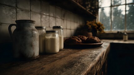 Rustic farmhouse kitchen with vintage milk jugs jars of cream and bread on a wooden counter