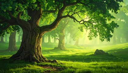 Fototapeta premium Lush forest scene with giant oak and sun-dappled clearing