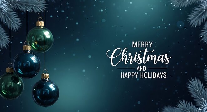 Festive christmas baubles hang from frosted pine branches against a dark sparkling background with the words merry christmas and happy holidays elegantly displayed - Powered by Adobe