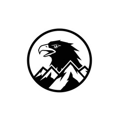 Fototapeta premium A stylized black and white logo featuring an eagle head above mountain peaks inside a circle.