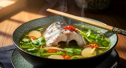 Delicious and Flavorful Asian Fish Head Soup Served in a Decorative Bowl Ready to Eat