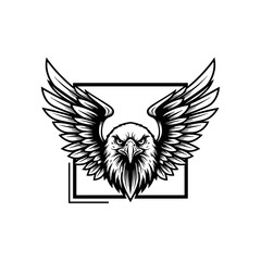 Eagle with spread wings, presented in a detailed monochrome illustration, framed by a square border.
