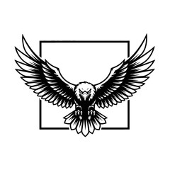 A majestic eagle with outstretched wings and sharp talons, framed within a square.