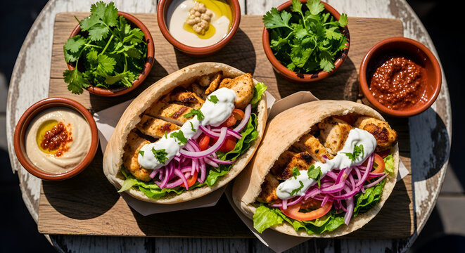 Delicious and Flavorful Chicken Shawarma Pitas with Fresh Ingredients for a Culinary Experience