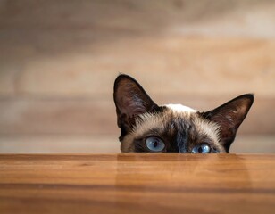 Siamese cat's blue eyes peek over a wooden surface