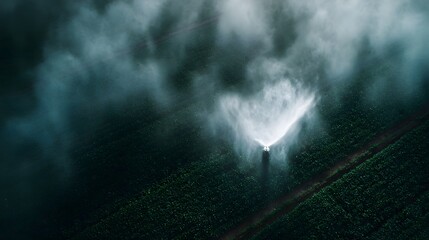 Aerial view of a large industrial sprinkler system watering a vast green crop field creating a dramatic misty effect