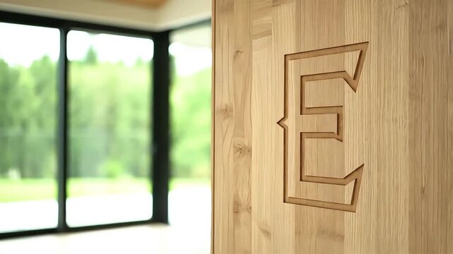 Elegant Wood Carving Letter E on Modern Wooden Panel with Blurred Green Forest Background and Bright Natural Light Through Large Window