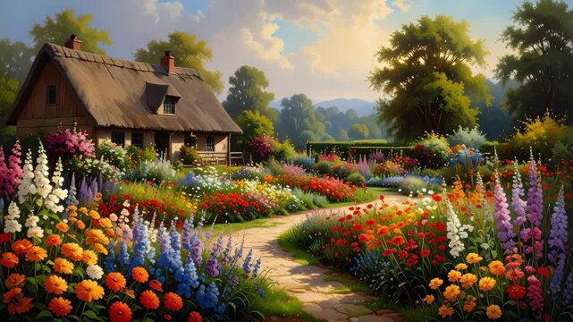 Rustic cottage with thatched roof set amidst a vibrant flower garden under a bright sky, showcasing garden path, and colorful blossoms