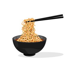 Vector illustration of a bowl of ramen noodles using chopsticks