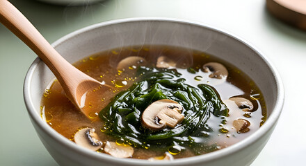 Delicious and Healthy Bowl of Miso Soup with Mushrooms and Wakame Close Up