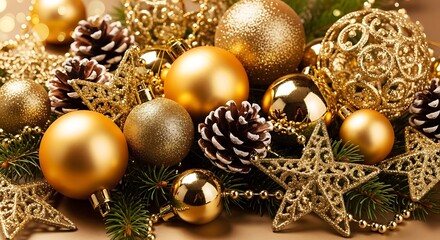 A close-up shot of a collection of golden Christmas ornaments and pine cones.