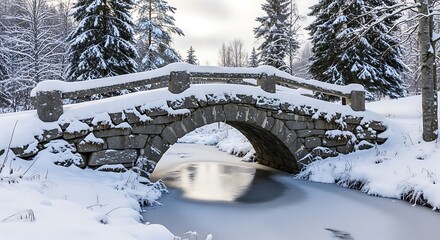 A picturesque stone bridge covered in snow arches over a frozen stream in a serene winter landscape.