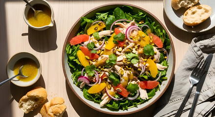 Delicious and Healthy Chicken Salad with Citrus Fruits and Vinaigrette Dressing