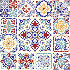 Seamless vintage patchwork from Azulejo tiles. Vintage grunge fabric decor. Seamless colorful carpet. Original traditional Portuguese and Spain decor. Vector illustration.