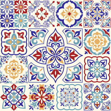 Seamless vintage patchwork from Azulejo tiles. Vintage grunge fabric decor. Seamless colorful carpet. Original traditional Portuguese and Spain decor. Vector illustration.