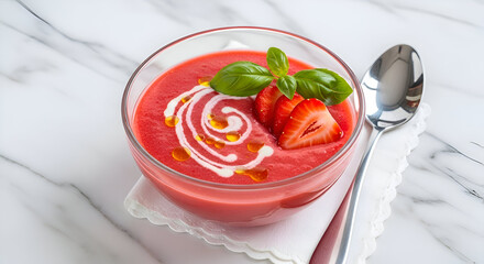 Delicious and refreshing strawberry soup with basil and cream served in a glass bowl