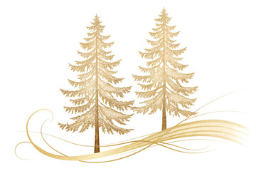 Obraz premium Two golden pine trees with flowing abstract ribbons and swirls isolated on transparent background